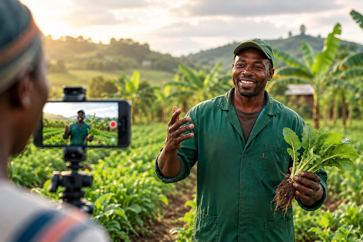 A farmer holding freshly pulled greens, talking to camera while another farmer films him on a phone